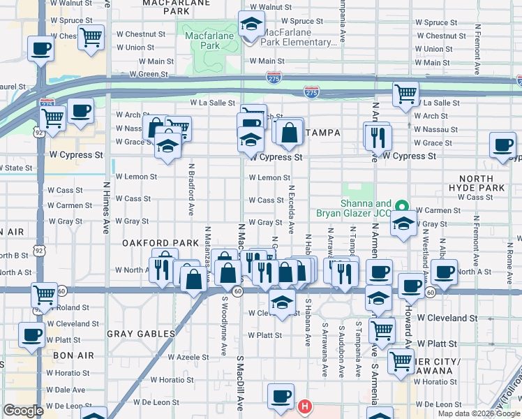 map of restaurants, bars, coffee shops, grocery stores, and more near 3016 West Cass Street in Tampa