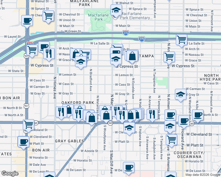 map of restaurants, bars, coffee shops, grocery stores, and more near 3106 West Cass Street in Tampa