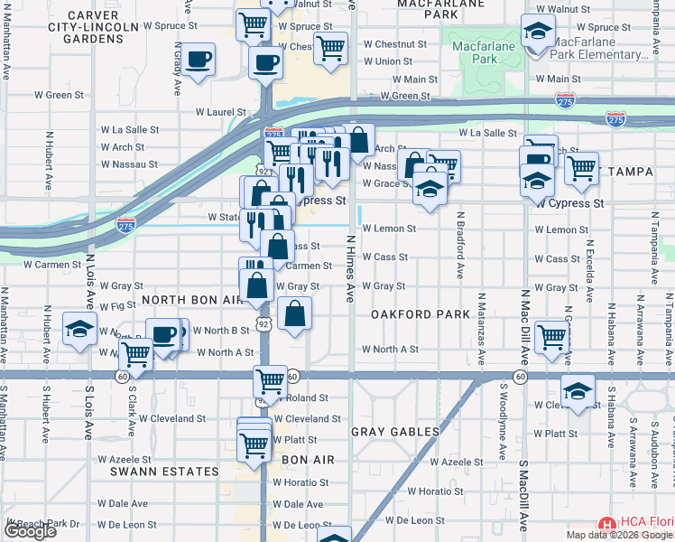 map of restaurants, bars, coffee shops, grocery stores, and more near 409 North Himes Avenue in Tampa