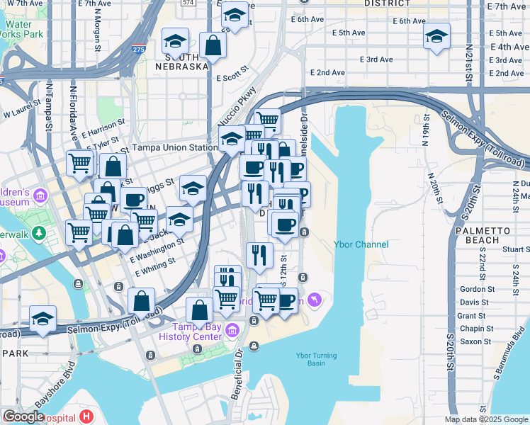 map of restaurants, bars, coffee shops, grocery stores, and more near 217 North 11th Street in Tampa