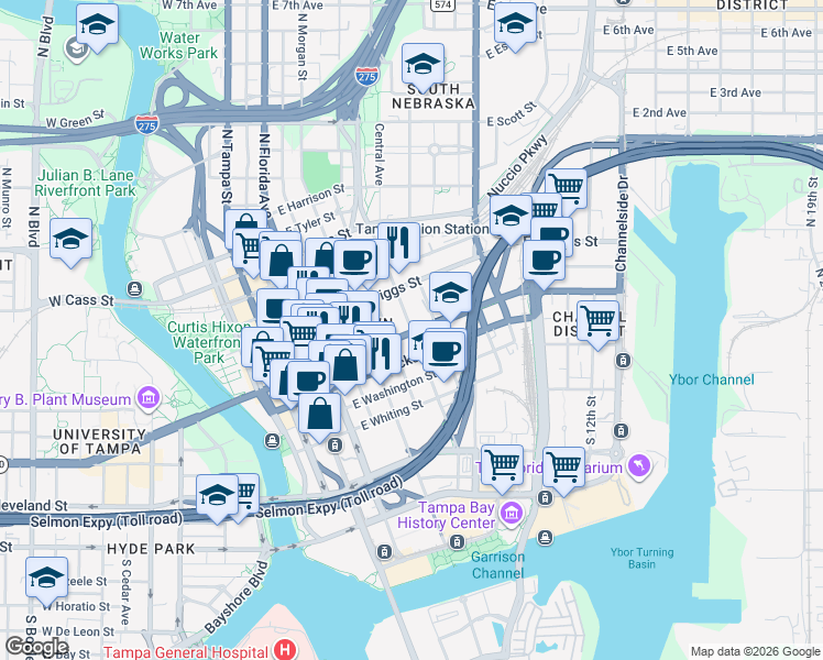 map of restaurants, bars, coffee shops, grocery stores, and more near 405 North Jefferson Street in Tampa