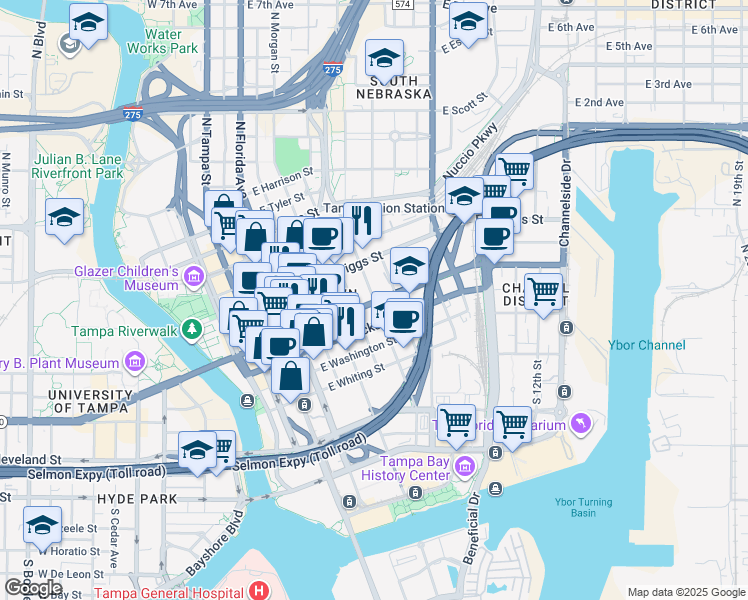 map of restaurants, bars, coffee shops, grocery stores, and more near 405 North Jefferson Street in Tampa