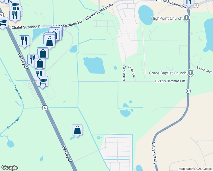 map of restaurants, bars, coffee shops, grocery stores, and more near 725 Hickory Hammock Rd in Lake Wales