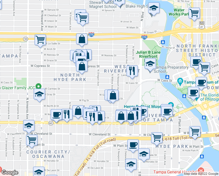 map of restaurants, bars, coffee shops, grocery stores, and more near 608 North Willow Avenue in Tampa