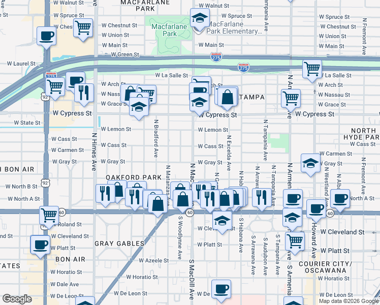map of restaurants, bars, coffee shops, grocery stores, and more near 3106 West Cass Street in Tampa