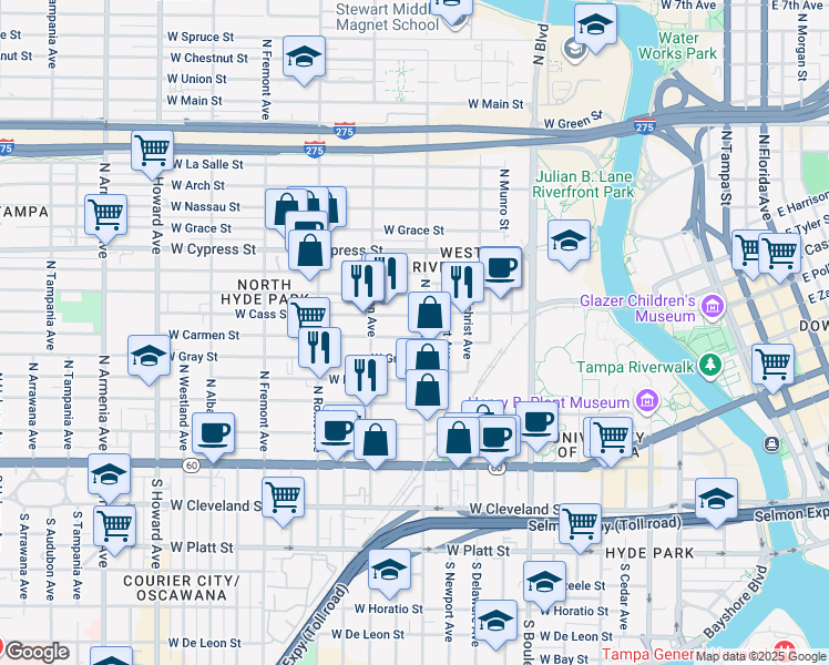 map of restaurants, bars, coffee shops, grocery stores, and more near 608 North Willow Avenue in Tampa