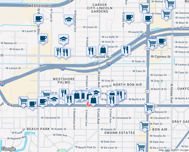 map of restaurants, bars, coffee shops, grocery stores, and more near 4208 West Carmen Street in Tampa
