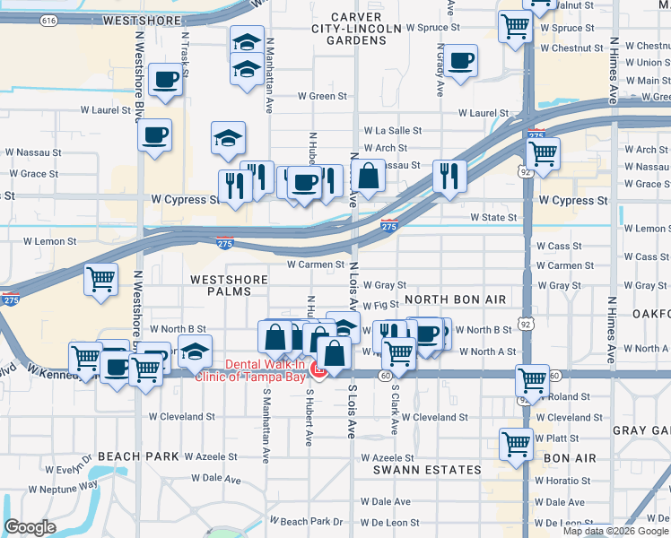 map of restaurants, bars, coffee shops, grocery stores, and more near 4208 West Carmen Street in Tampa