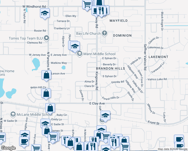 map of restaurants, bars, coffee shops, grocery stores, and more near 510 South Everina Circle in Brandon