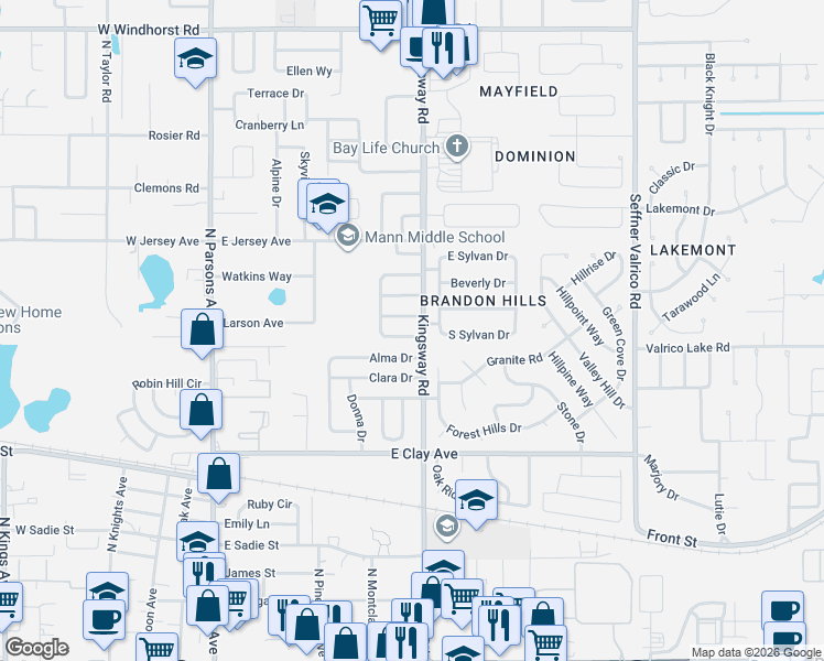 map of restaurants, bars, coffee shops, grocery stores, and more near 510 Holly Lane in Brandon