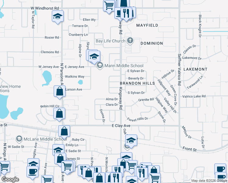 map of restaurants, bars, coffee shops, grocery stores, and more near 506 South Everina Circle in Brandon