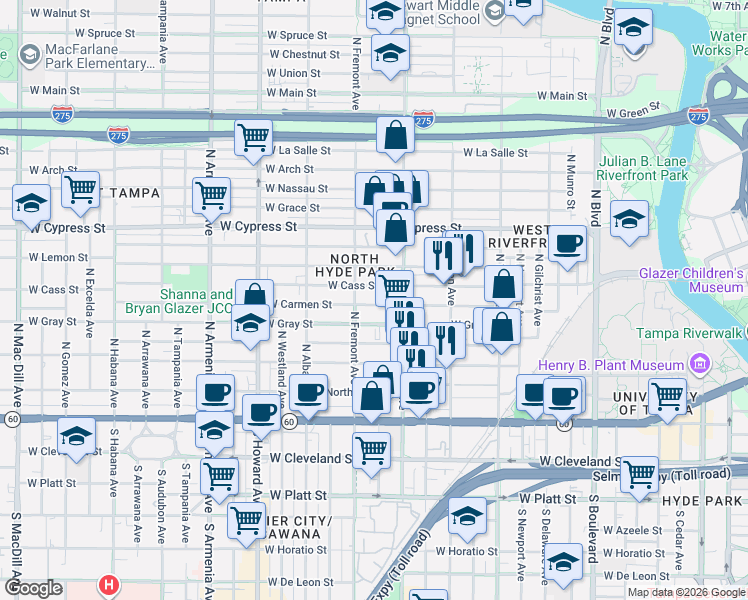 map of restaurants, bars, coffee shops, grocery stores, and more near 1715 West Carmen Street in Tampa