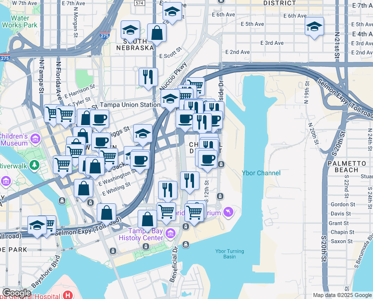 map of restaurants, bars, coffee shops, grocery stores, and more near 202 North Meridian Avenue in Tampa
