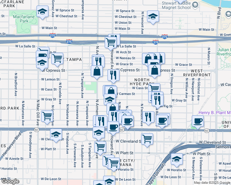 map of restaurants, bars, coffee shops, grocery stores, and more near 2114 West Cass Street in Tampa