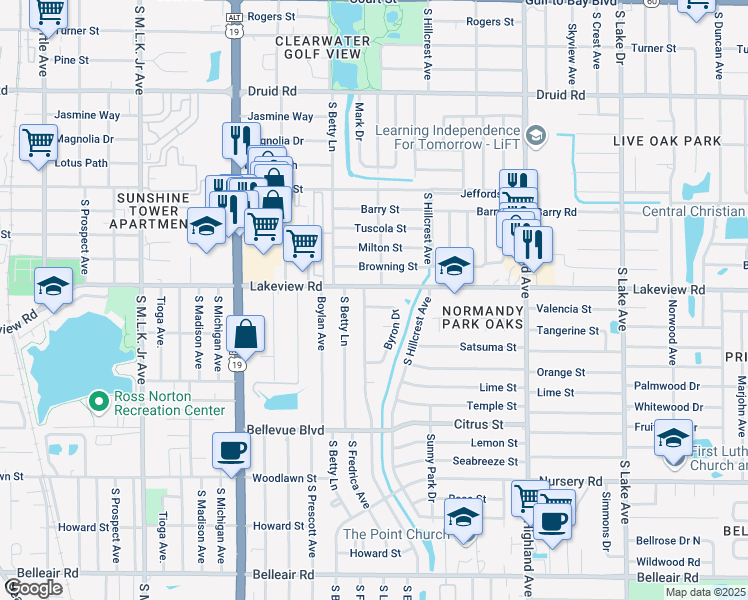 map of restaurants, bars, coffee shops, grocery stores, and more near 1303 South Evergreen Avenue in Clearwater