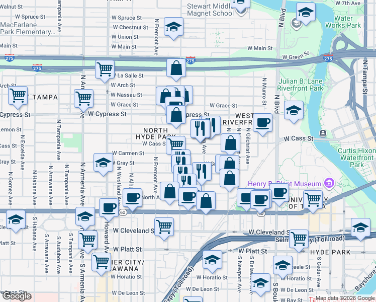 map of restaurants, bars, coffee shops, grocery stores, and more near 1525 West Carmen Street in Tampa