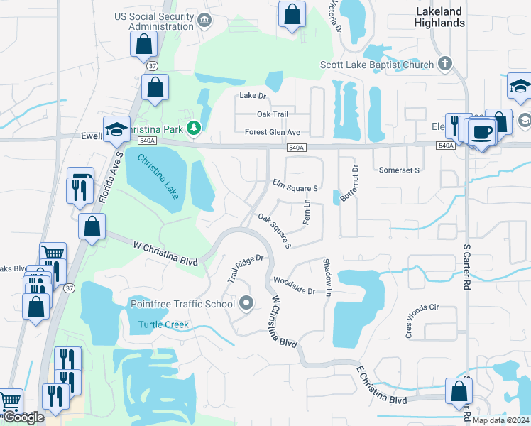 map of restaurants, bars, coffee shops, grocery stores, and more near 6327 Oak Square West in Lakeland
