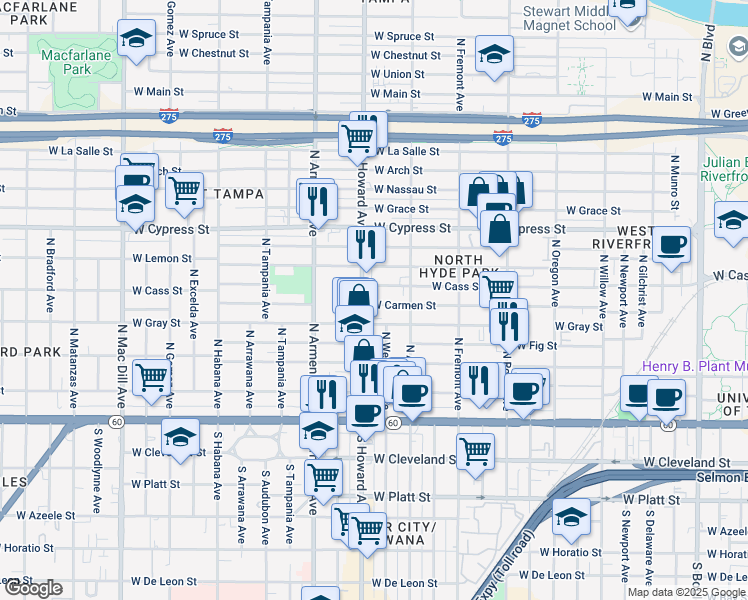 map of restaurants, bars, coffee shops, grocery stores, and more near 2114 West Cass Street in Tampa