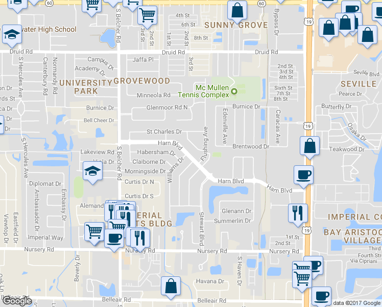 map of restaurants, bars, coffee shops, grocery stores, and more near 2336 Harn Boulevard in Clearwater