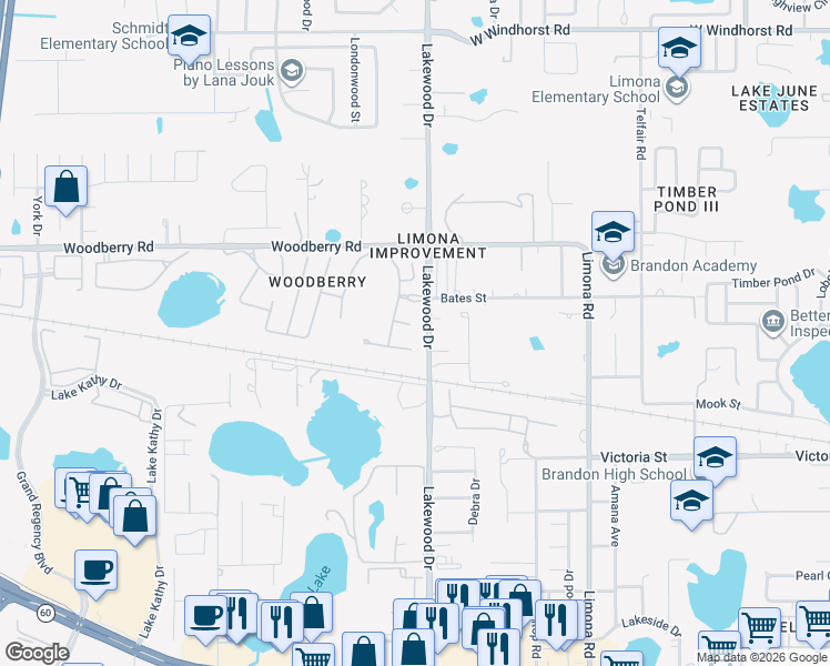 map of restaurants, bars, coffee shops, grocery stores, and more near 1703 Woodwatch Way in Brandon