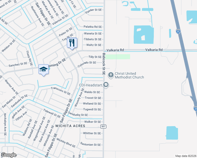 map of restaurants, bars, coffee shops, grocery stores, and more near 1681 Waldrep Street Southeast in Palm Bay