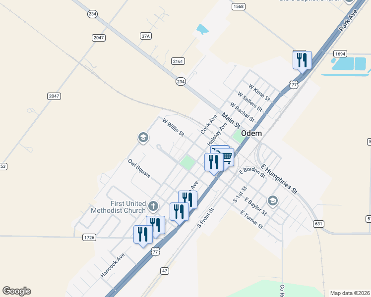 map of restaurants, bars, coffee shops, grocery stores, and more near 809 Cook Avenue in Odem