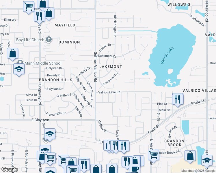 map of restaurants, bars, coffee shops, grocery stores, and more near 617 Rollingwood Lane in Valrico