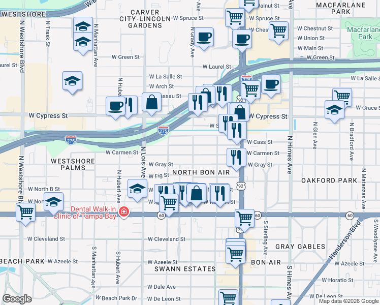 map of restaurants, bars, coffee shops, grocery stores, and more near in Tampa