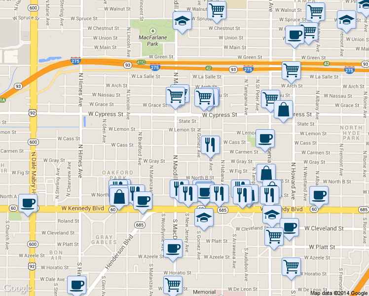 map of restaurants, bars, coffee shops, grocery stores, and more near 3016 W Cass St in Tampa