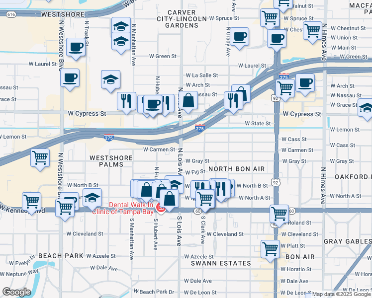 map of restaurants, bars, coffee shops, grocery stores, and more near 4119 W Carmen St in Tampa