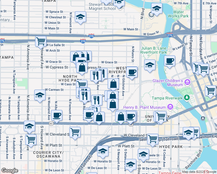 map of restaurants, bars, coffee shops, grocery stores, and more near 608 North Willow Avenue in Tampa