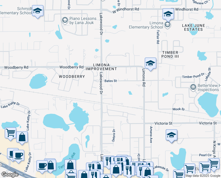 map of restaurants, bars, coffee shops, grocery stores, and more near 612 Cedar Waxwing Drive in Brandon