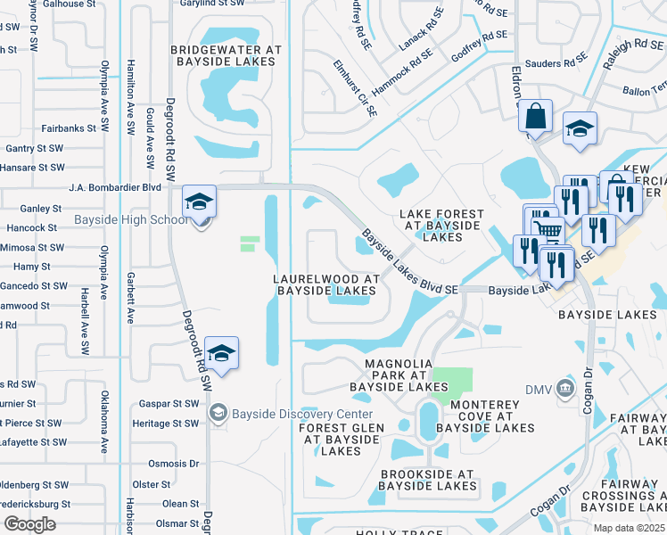 map of restaurants, bars, coffee shops, grocery stores, and more near 1725 Winding Ridge Cir SE in Palm Bay