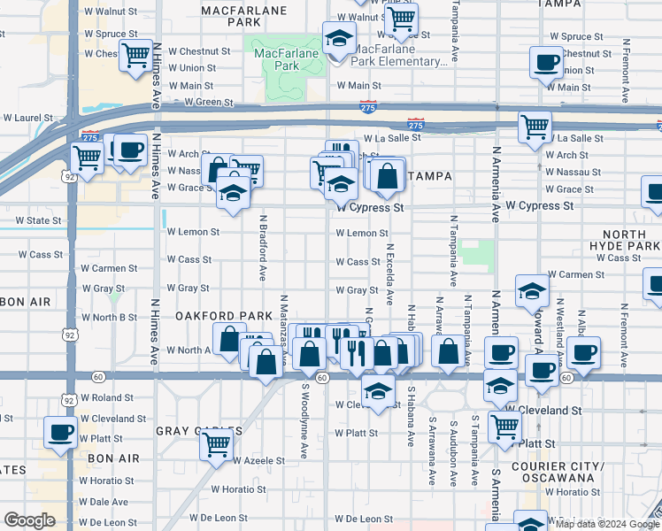 map of restaurants, bars, coffee shops, grocery stores, and more near 3024 West Cass Street in Tampa