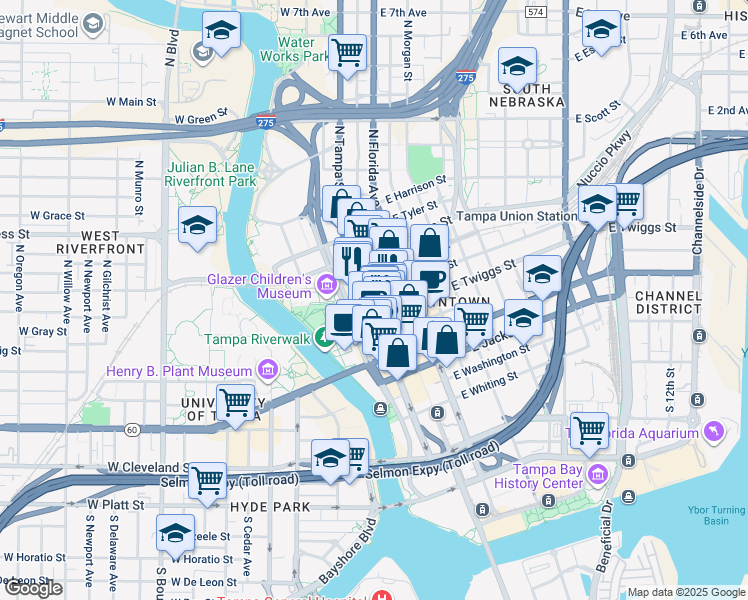 map of restaurants, bars, coffee shops, grocery stores, and more near in Tampa