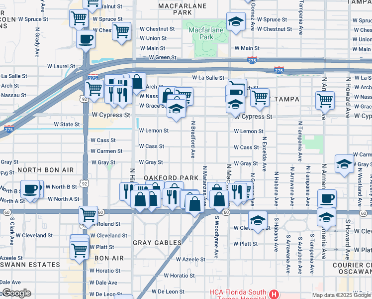map of restaurants, bars, coffee shops, grocery stores, and more near 3214 W Cass St in Tampa