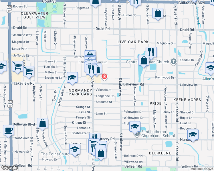 map of restaurants, bars, coffee shops, grocery stores, and more near 1527 Lakeview Road in Clearwater