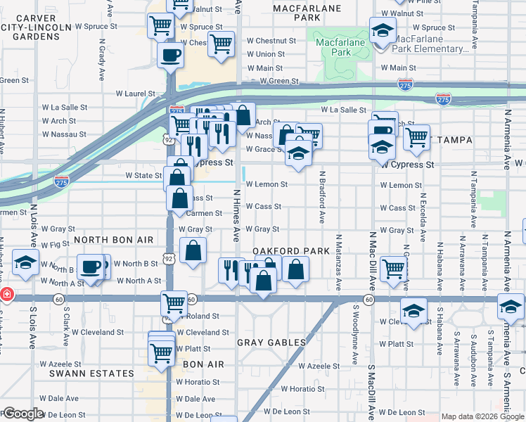 map of restaurants, bars, coffee shops, grocery stores, and more near 3408 W Cass St in Tampa