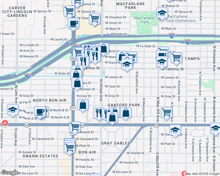 map of restaurants, bars, coffee shops, grocery stores, and more near 3408 West Cass Street in Tampa