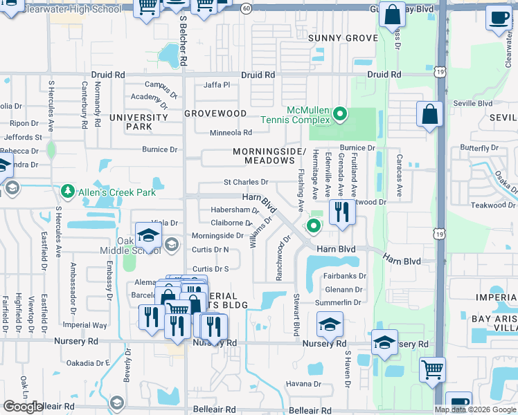 map of restaurants, bars, coffee shops, grocery stores, and more near 2284 Habersham Drive in Clearwater