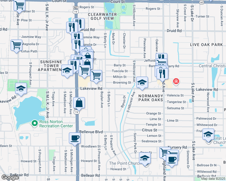 map of restaurants, bars, coffee shops, grocery stores, and more near 1309 Lakeview Road in Clearwater