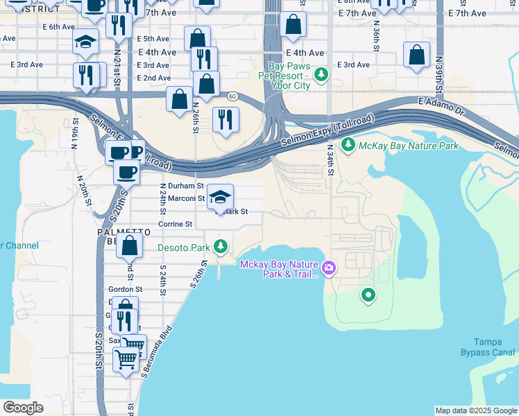 map of restaurants, bars, coffee shops, grocery stores, and more near 2910 Clark Street in Tampa