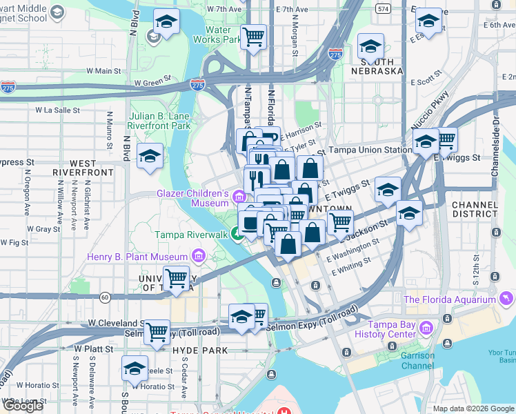 map of restaurants, bars, coffee shops, grocery stores, and more near 777 North Ashley Drive in Tampa