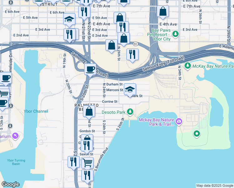 map of restaurants, bars, coffee shops, grocery stores, and more near 2422 Clark Street in Tampa