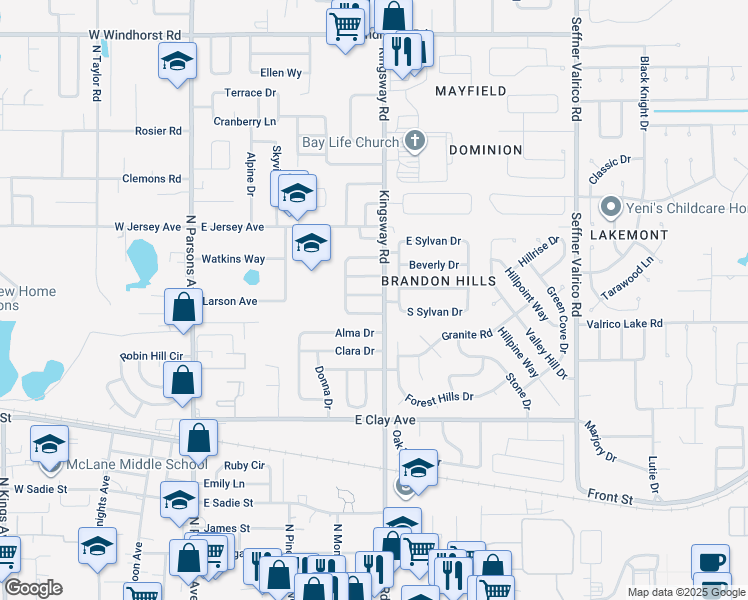 map of restaurants, bars, coffee shops, grocery stores, and more near 510 Holly Lane in Brandon