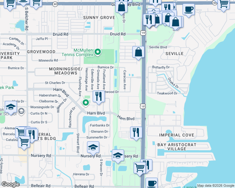 map of restaurants, bars, coffee shops, grocery stores, and more near Duke Energy Trail in Clearwater