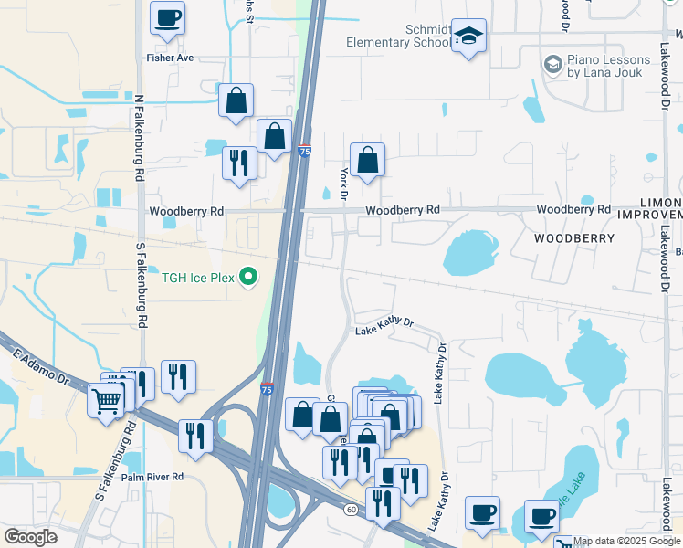 map of restaurants, bars, coffee shops, grocery stores, and more near 662-698 Grand Regency Boulevard in Brandon