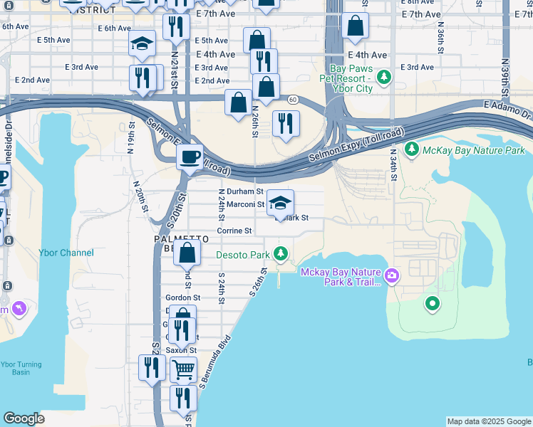 map of restaurants, bars, coffee shops, grocery stores, and more near 2618 Clark Street in Tampa