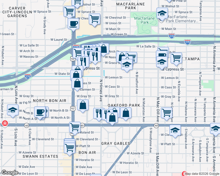 map of restaurants, bars, coffee shops, grocery stores, and more near 3408 West Cass Street in Tampa