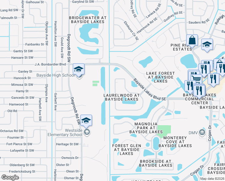 map of restaurants, bars, coffee shops, grocery stores, and more near 1776 Winding Ridge Cir SE in Palm Bay